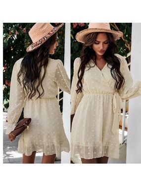 MISS SPARKLING | Swiss Dot Belted Faux Wrap Dress in Cream